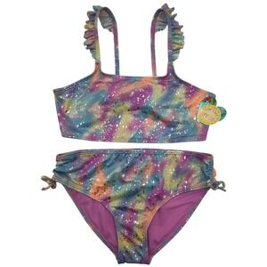 Breaking Waves 2-Piece Swimsuit UPF 50+ Rainbow Tie Dye Ruffle Strap Girls 16‎